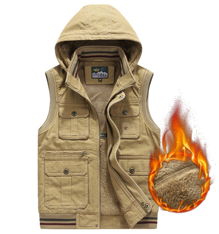 NEW MENS VEST VELVET THICKENED HOODED COTTON LARGE SIZE LOOSE CASUAL OUTDOOR MULTI-POCKET CARGO HORSE CLIP MAN