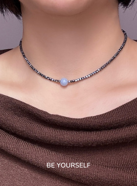银灰色天然石项链女钛赫兹石项链气质简约百搭高级感锁骨链颈链
