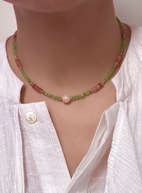 新中式红绿相间天然石珍珠串珠项链女波西米亚甜美颈链锁骨链