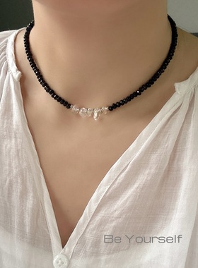 法式复古深蓝色天然石白水晶串珠项链女小众显气质锁骨链颈链