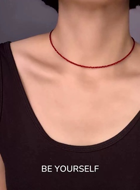2mm极细黑色红色尖晶石项链女
