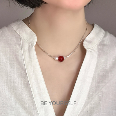 进口玻璃珠红玛瑙天然珍珠项链女