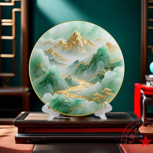 新中式复古典圆形山水画摆件玄关办公室装饰圆盘摆台桌摆旭日东升