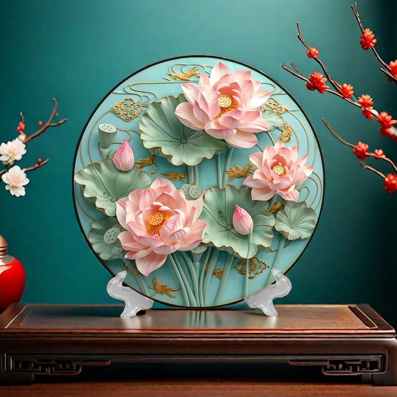 新中式3D荷花摆台风水画摆件山水画客厅餐厅装饰画玄关办公室桌摆图片