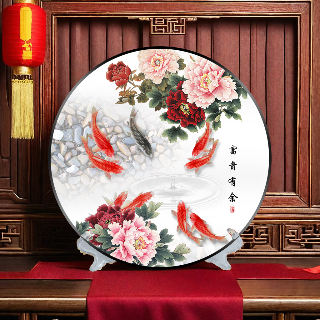 优质九鱼图客厅玄关摆台装饰画摆件电视柜桌摆花开富贵圆盘山水画图片