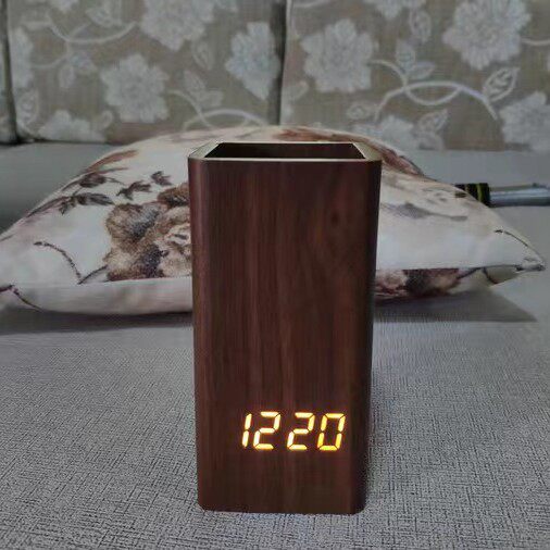 声控LED显示笔筒闹钟 多功能时间数字显示电子时钟木质桌面台钟