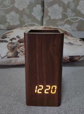 声控LED显示笔筒闹钟 多功能时间数字显示电子时钟木质桌面台钟