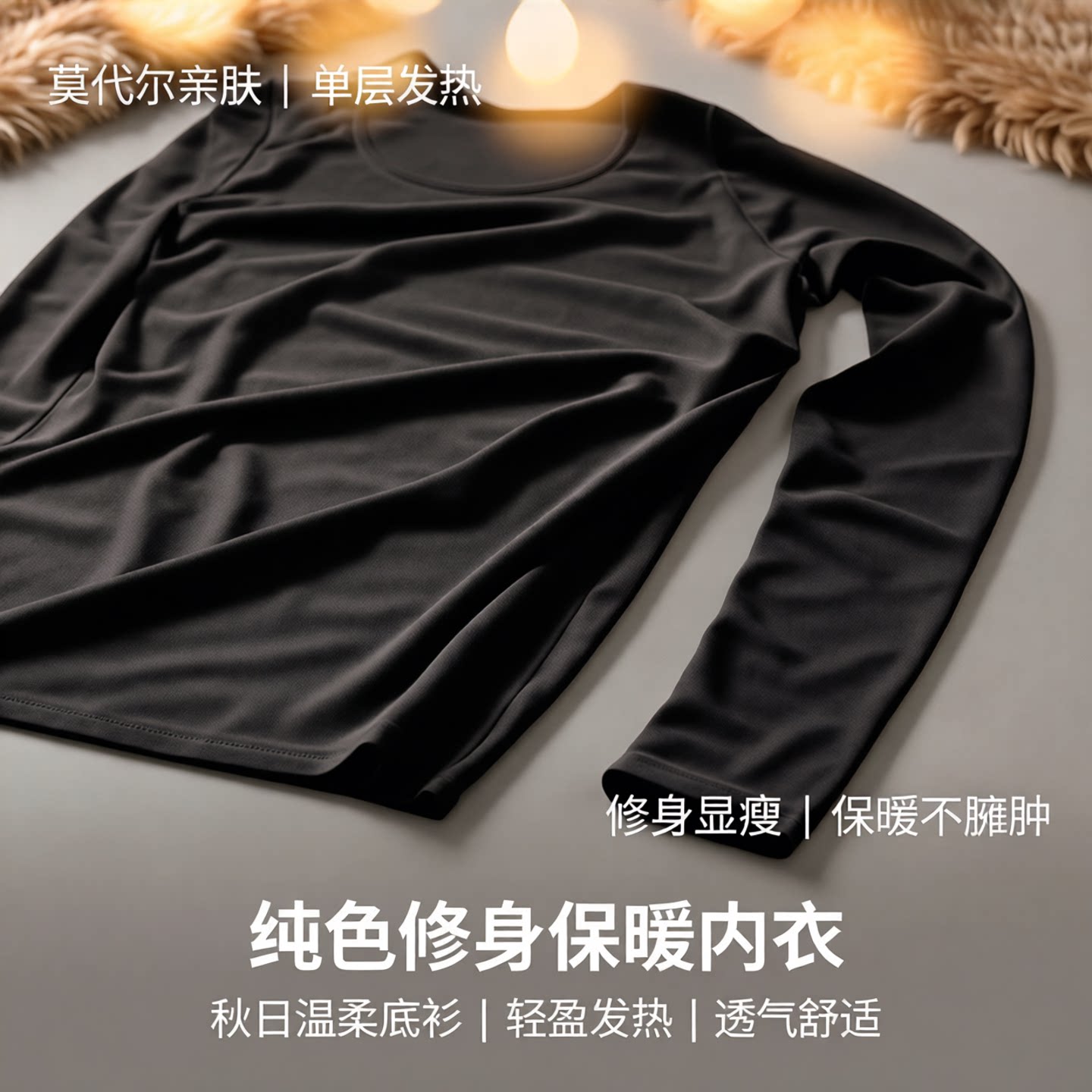女保暖内衣薄圆领打底上衣纯色长袖衫单层发热秋衣莫代尔黑色修身