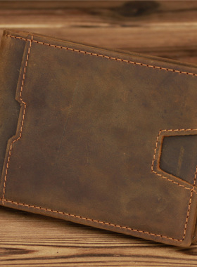 简约疯马皮钱包男士真牛皮钱夹驾驶证卡包复古美金钞票夹头层牛皮