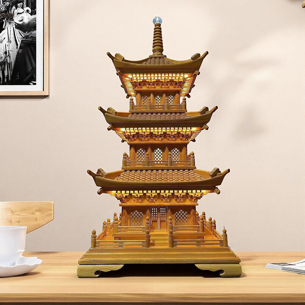 中式木雕古建筑模型家居礼品八角玲珑塔木塔应县木塔摆件厂家直销 - 实物图