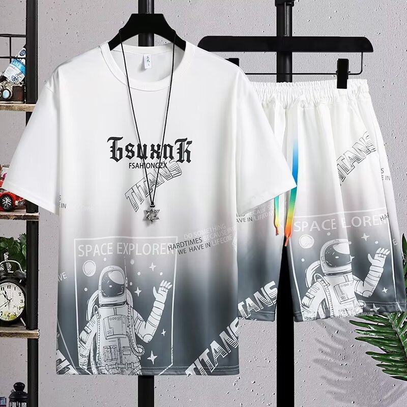 渐变休闲套装夏季男士ins潮流青年运动百搭透气t恤短裤两件套短袖,男装,休闲运动套装,淘宝优惠券,粉丝福利购,淘宝优惠卷