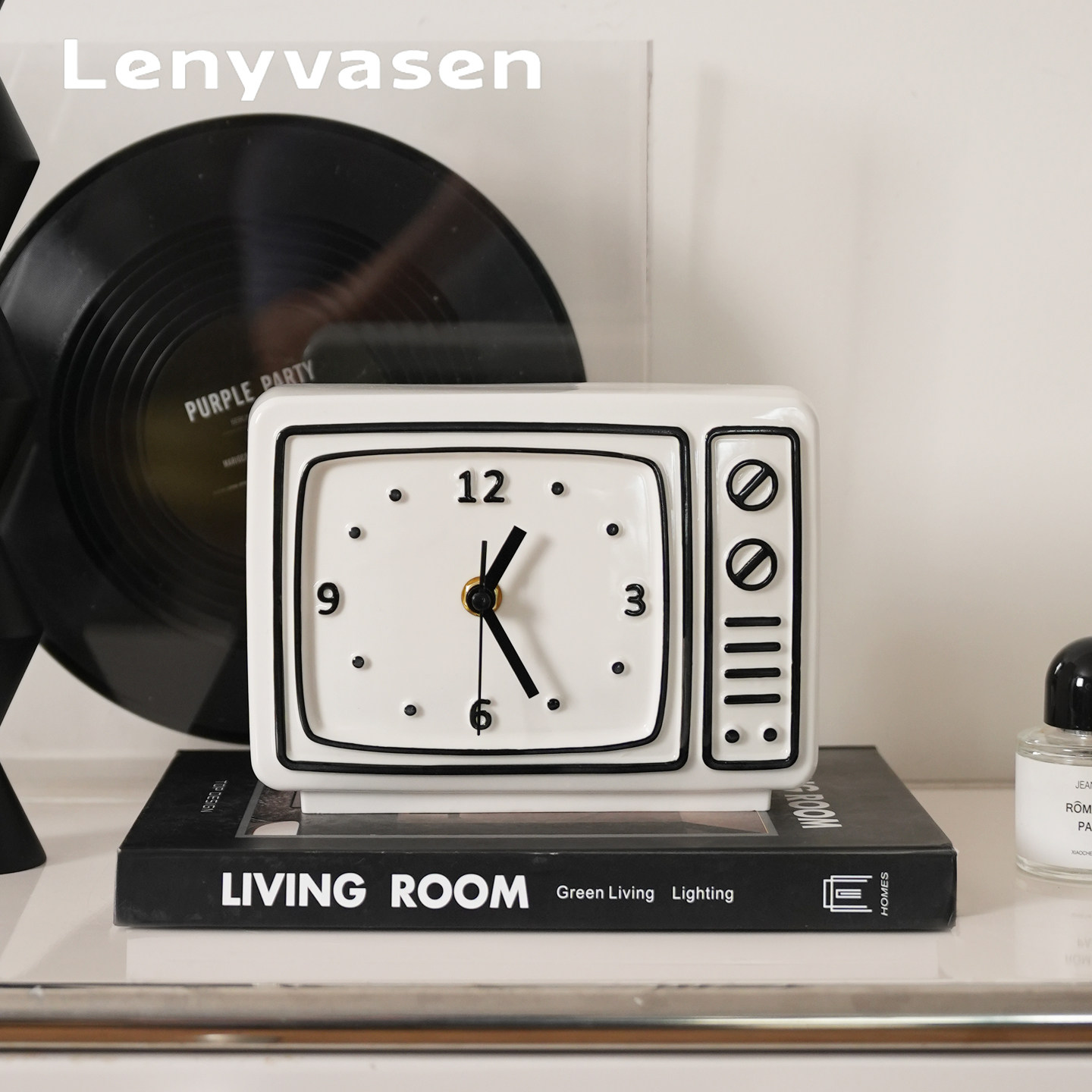 LENYVASEN 黑白复古电视时钟创意陶瓷桌面座钟静音客厅卧室装饰品