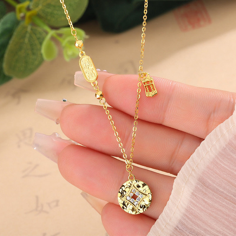 s925纯银镀黄金色古法碎冰冰暴富铜钱项链女钱币算盘闪颈饰锁骨链图片