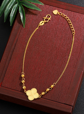 s925纯银镀黄金色幸运蜂窝四叶草手链女CNC工艺爆闪亮手饰银饰品