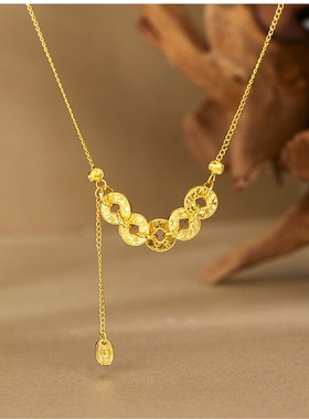 碎冰冰五帝币项链手链s925纯银镀黄金色锤纹爆闪亮钱币锁骨链饰品