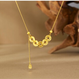 碎冰冰五帝钱项链手链s925纯银镀黄金色锤纹爆闪亮钱币锁骨链饰品