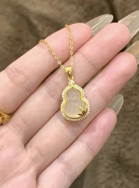 S925纯银镀黄金色金枝玉叶天然玉髓葫芦项链女国风福禄吊坠锁骨链
