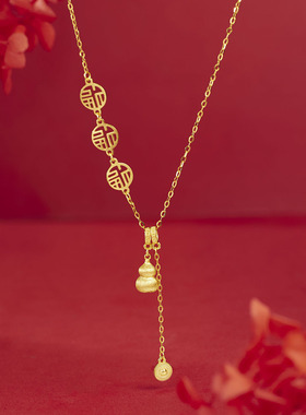 s925纯银镀黄金色首饰新款中式流苏葫芦项链女拉丝葫芦福字锁骨链