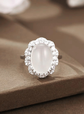 S925纯银新中式鸽子蛋戒指镶嵌高冰玉髓蛋面女戒简约时尚开口指环