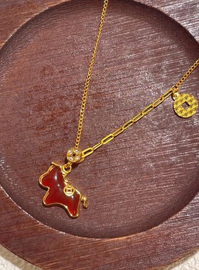 s925纯银镀黄金色新款天然红玛瑙马上有钱项链生肖马本命年锁骨链