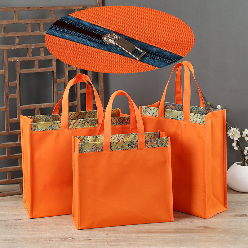 高级感橙色拉链手提袋现货速发