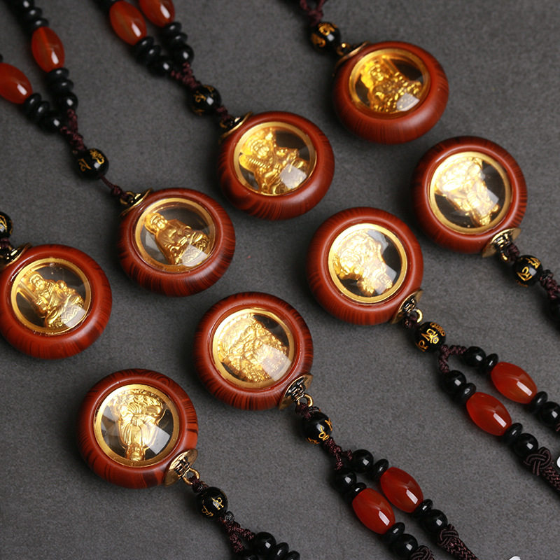 马年吉祥物花梨木镶金双面镀金守护神本命佛情侣项链佛像吊坠挂饰