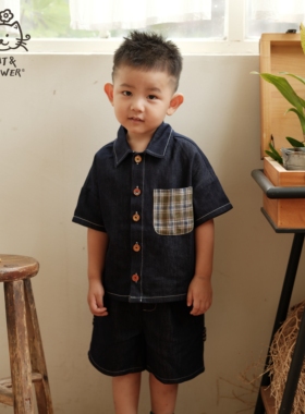 Cat&Flower儿童夏季日系男牛仔上衣背心短袖衬衫套装短长裤不闷热