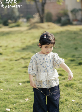 Cat&Flower童装儿童上衣仙气田园碎花衫女短袖衬衫中大童夏季新款