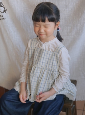 Cat&Flower女童日系春秋季吊带裙格纹上衣纯棉薄款背带裙童装