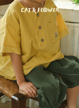 童装夏季男童套装黄色宽松薄款短袖上衣绿色纯棉阔脚裤休闲两件套