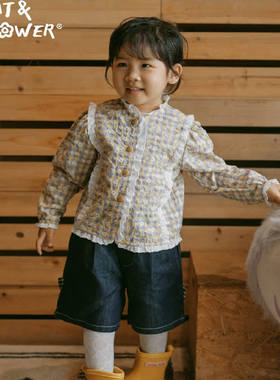 Cat&Flower女童秋季羊毛刺绣钩花衬衫质感儿童法式娃娃衫花边衬