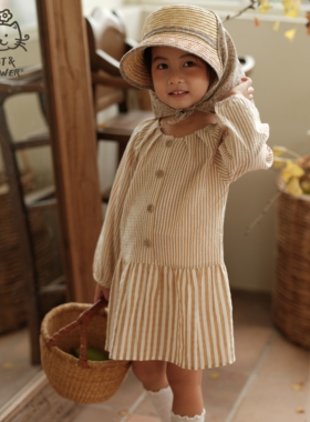 Cat&Flower童装女孩法式秋季卡其白条纹连衣裙棉麻木长裙定制纽扣