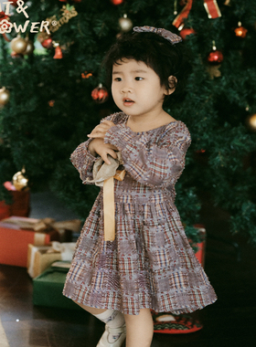 Cat&Flower儿童法式公主裙纯棉宽松亲肤透气四季穿搭毛绒格连衣裙