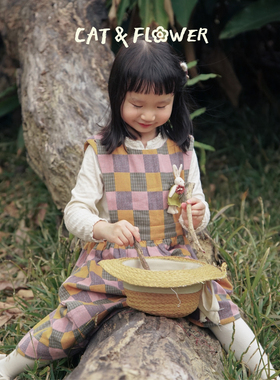 Cat&Flower儿童韩版秋季爱丽丝夢遊棋盤背心女童格纹亚麻棉连衣裙