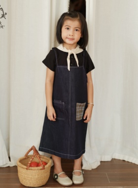 Cat&Flower童装儿童学院风背心裙短袖亲子裙凉感牛仔连衣裙女大童