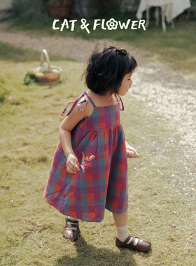 Cat&Flower童装女彩色格子吊带连衣裙韩版纯棉透气夏日出游田园风