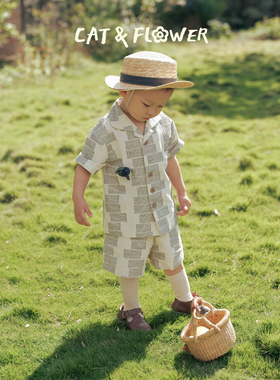 CAT&FLOWER老钱风夏季男童灰白格纹棉麻透气绅士套装短袖卷边短裤