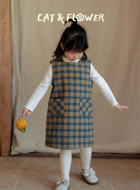 Cat&Flower童装冬季儿童连衣裙复古格子休闲吊带裙女童日式纯棉裙