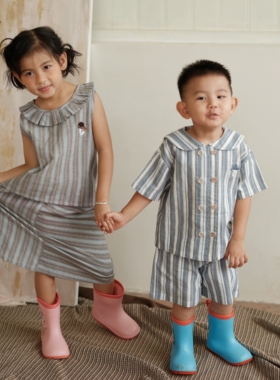Cat&Flower儿童男女森系复古夏季条纹棉布连衣裙衬衫精致刺绣套装