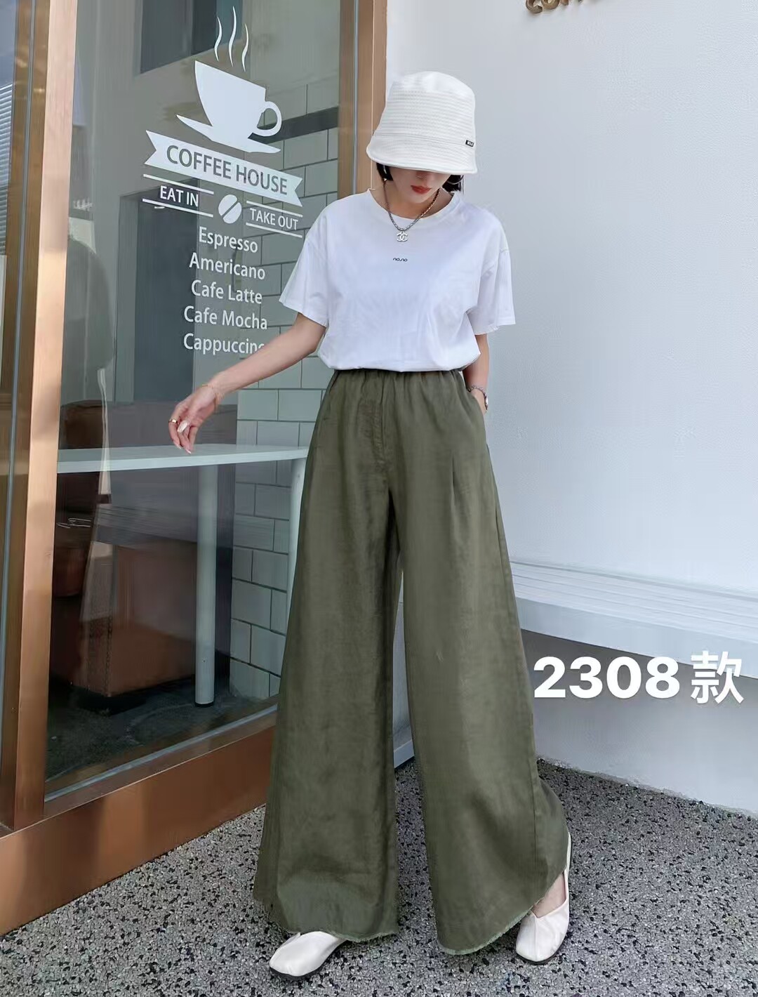 2025年夏纯亚麻舒适透气阔腿裤松紧腰长裤百搭黑色白色麻色绿色