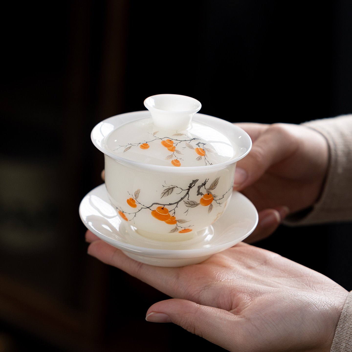 冰种柿柿如意璞玉白瓷盖碗礼盒