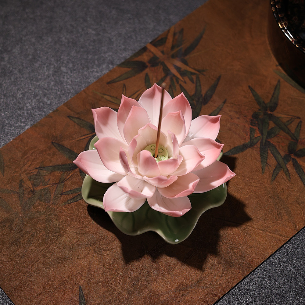 陶瓷莲花香插佛前供奉茶道摆件