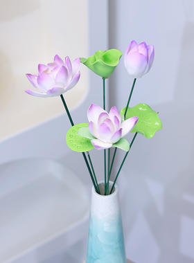 紫色莲花陶瓷花搭配结晶陶瓷花瓶整套送礼家居摆件仿真花送礼