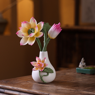 手工陶瓷小花瓶仿真荷花莲花家居装饰品创意插花供佛书房茶台摆件