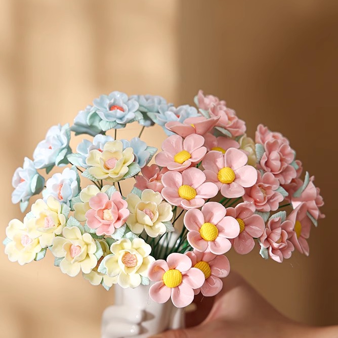 景德镇陶瓷玫瑰花枝仿真花永生花束插花瓶手工摆件装饰节日礼品