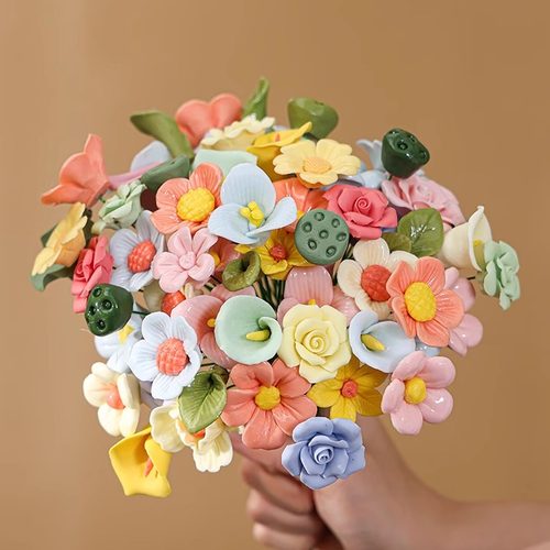 景德镇陶瓷玫瑰花枝仿真花永生花束插花瓶手工DIY摆件装饰礼品