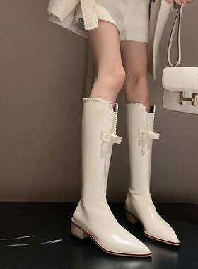 春秋皮靴尖头鞋粗跟中跟高筒靴女白色靴子蝴蝶结西部靴真皮女靴KM