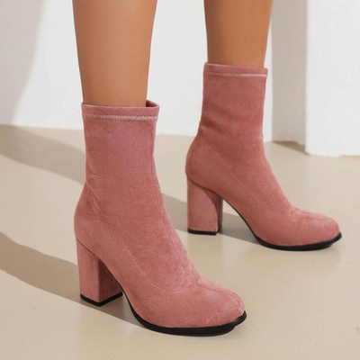 秋冬鞋绒面粗跟短靴女杏色