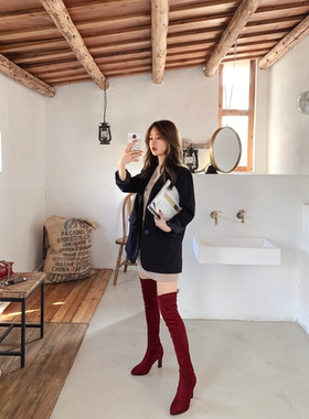 豹纹酒红色靴女蓝色弹力瘦靴过膝长靴高跟鞋大码女靴小码靴子 AMY