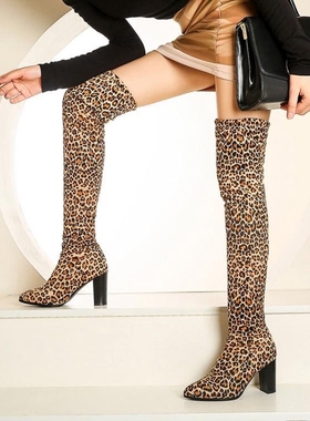 豹纹蓝色酒红色靴子高跟弹力瘦靴女过膝长靴大码女靴小码女鞋 AMY